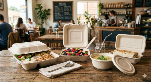 Bagasse containers and sugarcane containers stacked on a table with Malaysian takeaway food